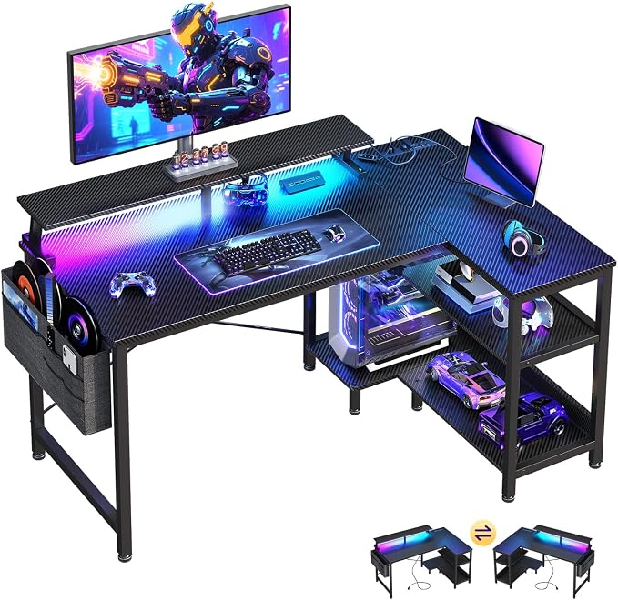 ODK 40 Inch L Shaped Gaming Desk with LED Lights, Power Outlets, Black | Adjustable Monitor Stand, Open Storage Shelves, Hanging Side Bag, PC Tower Stand, Reversible Layout for Gaming by ODK