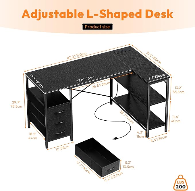 Alpen Computer Desk with Drawers, L Shaped Desk for Bedroom with Power Outlets, Gaming Table with Storage Shelves, Corner Desk for Gaming, Study Writing PC Table, 47.2 Inch, Black - Image 3