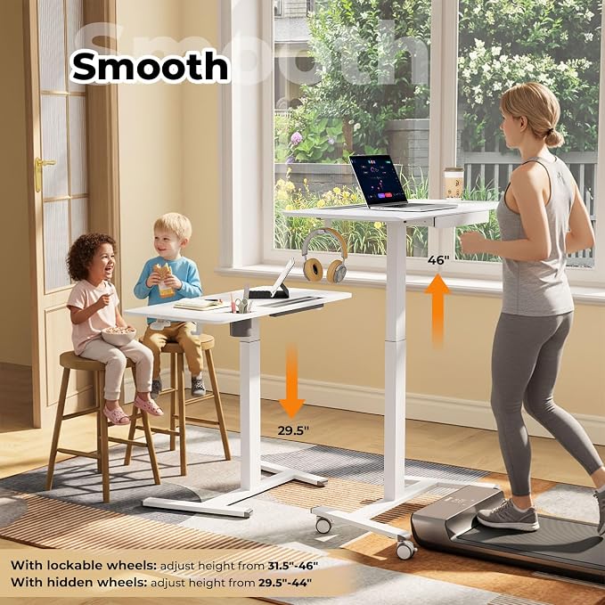 40"×20" Mobile Desk with Drawer, Rolling Desk with Storage | Height Adjustable Portable Laptop Desk on Wheels, Small Computer Desk with Cup Holder and Hooks for Study & Work, White - Image 5