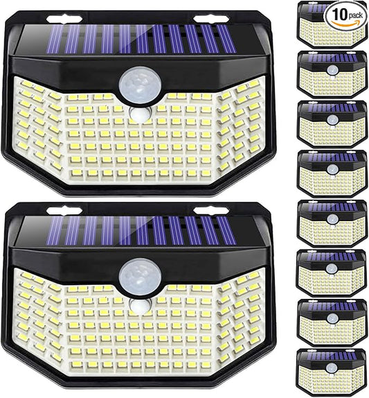 HMCITY Outdoor Solar Lights 120 LED with Motion Sensor and 3 Lighting Modes, IP65 Waterproof, 130 ° Wide Solar Wall Lights Powered for Garden Patio(Front Button 10Packs, Black Shell-Daylight White) by LightingUpYourLife