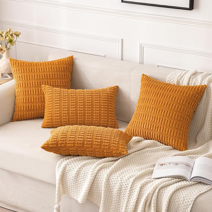 MIULEE Fall Pack of 2 Burnt Orange Corduroy Decorative Pillow Covers 20x20 Inch Soft Boho Striped Throw Pillow Covers Modern Farmhouse Home Decor for Sofa Living Room Couch Bed - Image 2