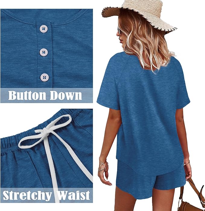 WIHOLL Two Piece Outfits for Women Lounge Sets Button Down Top and Shorts Set Sweatsuits with Pockets - Image 4