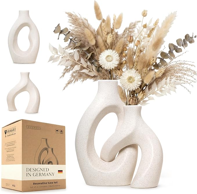 White Ceramic Vase Set of 2, Hollow Oval Flower Vases for Decor, Handmade Nordic Minimalist Ceramic Vase for Pampas Grass, Living Room, Farmhouse & Boho Home Decor, Housewarming Gifts by EDELHAUS
