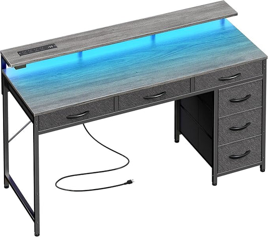 Huuger Gaming Desk with 6 Drawers, Computer Desk with LED Lights Power Outlets and Type-C, 47 Inch Office Desk with Storage, Monitor Stand, Writing Work Desk Home Office, Bedroom, Study, Grey by Huuger