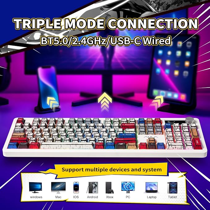 AULA Wireless Mechanical Gaming Keyboard Full Size 8000mAh with Knob&Screen | Hot Swappable Custom,RGB Backlit,Creamy Pre-lubed Blaze Switches,PBT Keycaps,Tri-Mode BT/2.4GHz/USB-C,F106Pro Comic Mix Color - Image 3