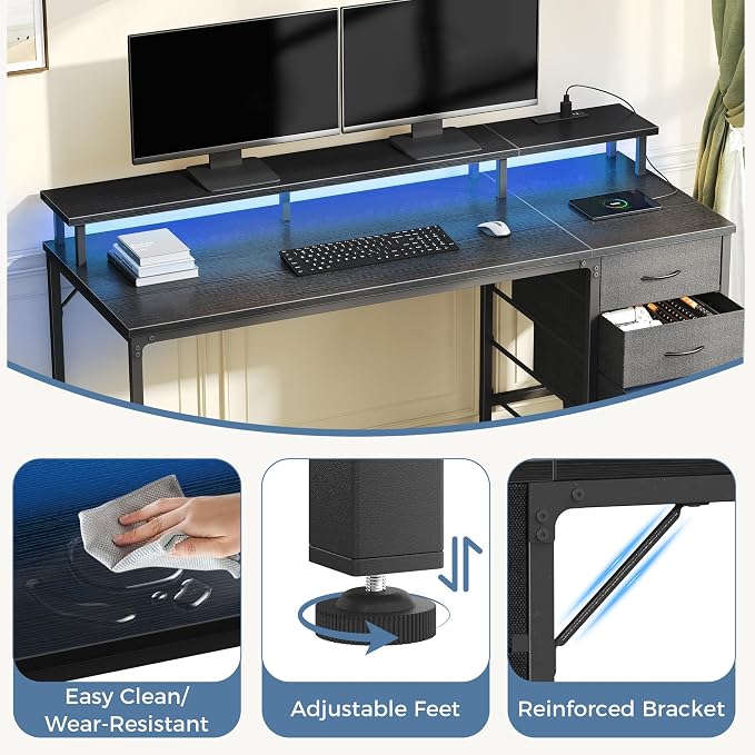 DUMOS 40-Inch Gaming Desk with Power Outlets and LED Lights, Black | Computer Desk with 4 Storage Drawers, Home Office Desk with Monitor Stand, Small Desk for Bedroom Study - Image 8