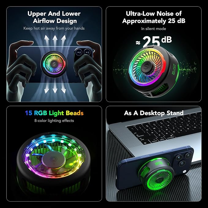 Black Shark FunCooler 6 Magnetic Cell Phone Cooler for Gaming, Portable Mobile Phone Cooling Fan with RGB Light, App-Controlled Cellphone Radiator for iPhone Magnetic Series/iPad (Black) - Image 4
