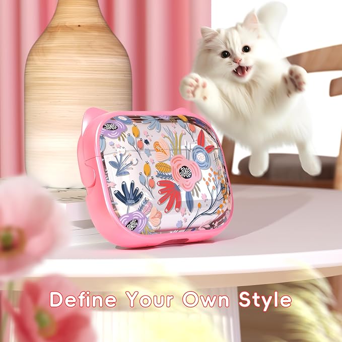 for AirPods Pro 2 Case with Cleaning Kit, Cute Cat Ear Print Design & Cute Buckle for Girls, Phone Holder & Top Safe Lock Buckle Design for AirPods Pro 2nd/1st Gen case, Clear Flowers - Image 2