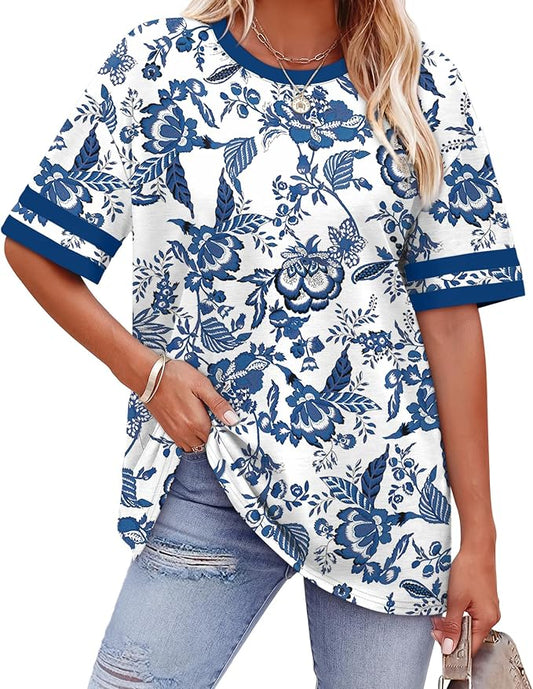 WIHOLL Womens T Shirts Loose Fit Short Sleeve Tees Crew Neck Color Block Summer Tops 2026 Fashion by WIHOLL