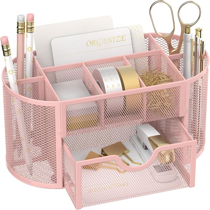 Mesh Desk Organizer with Drawer, 9-Compartment Pen Holder for Desk, Pink | Pull-Out Drawer Stores Pens, Pencils, Clips, Notes, and Small Office or School Supplies in One Compact Desk Caddy by SUPEASY