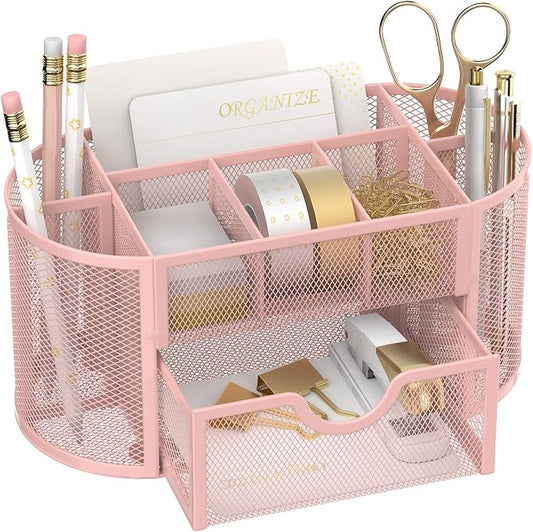 Mesh Desk Organizer with Drawer, 9-Compartment Pen Holder for Desk, Pink | Pull-Out Drawer Stores Pens, Pencils, Clips, Notes, and Small Office or School Supplies in One Compact Desk Caddy by SUPEASY