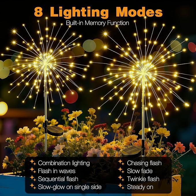 btfarm 1 Pack Solar Garden Lights Outdoor, 8 Modes Firework Lights Solar Powered, Waterproof Twinkle Fairy Light Outside for Yard Patio Pathway Pool Christmas Party Decorative, Warm White - Image 2