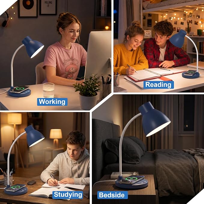 LED Desk Lamp for Home Office with Wireless Charger, Navy Blue | 3 Color Modes Dimmable Eye-Caring Study Reading Dorm Desk Lamp, 360° Flexible Arm Table Lamp for College Dorm Room, 800 Lumen - Image 8