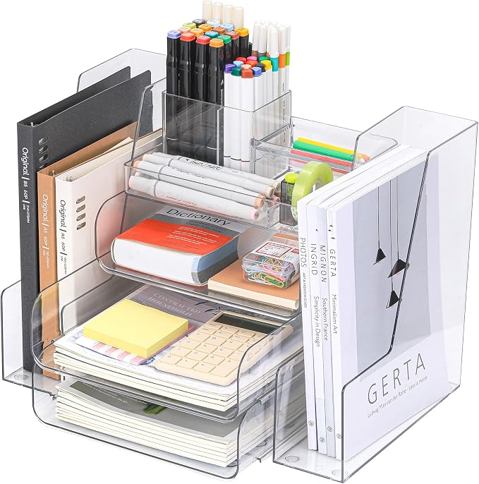 CiWiVOKi Desk Organizer with 2 Vertical File Holder, 4 Tier Stackable Paper Letter Tray File Organizer with 5-Compartments Pen Holder, Clear Desktop Organizer Office Organization and Storage - Image 8