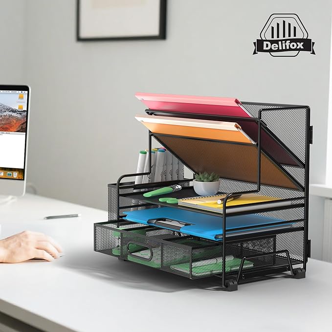 5 Tier Desk Organizer with Drawer & Pen Holders, Desk File Organizer Letter Tray Paper Organizer, Black - Image 6
