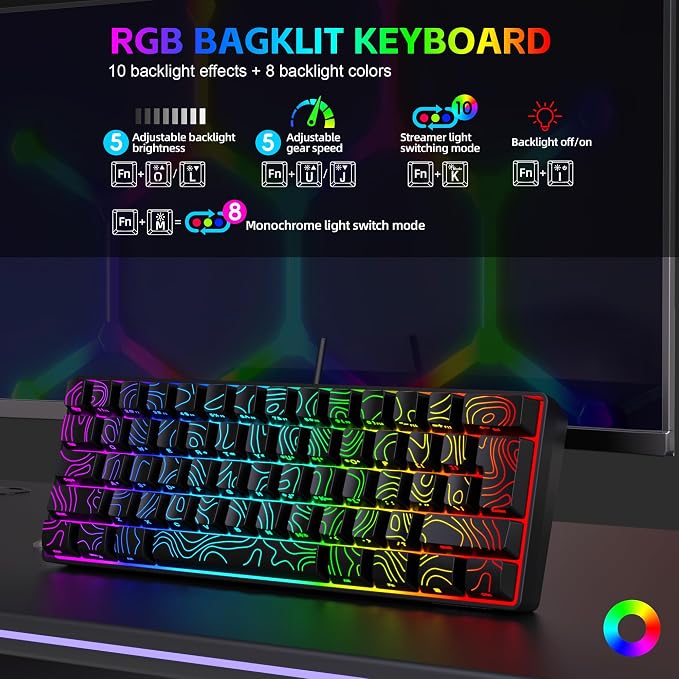 Snpurdiri 60% Wired Gaming Keyboard 61 Keys RGB (Contour Line-Black) | Backlit Small Gaming Keyboard Ultra-Compact for PC/Mac Gamer, Typist, Travel, Easy to Carry on Business Trip - Image 3