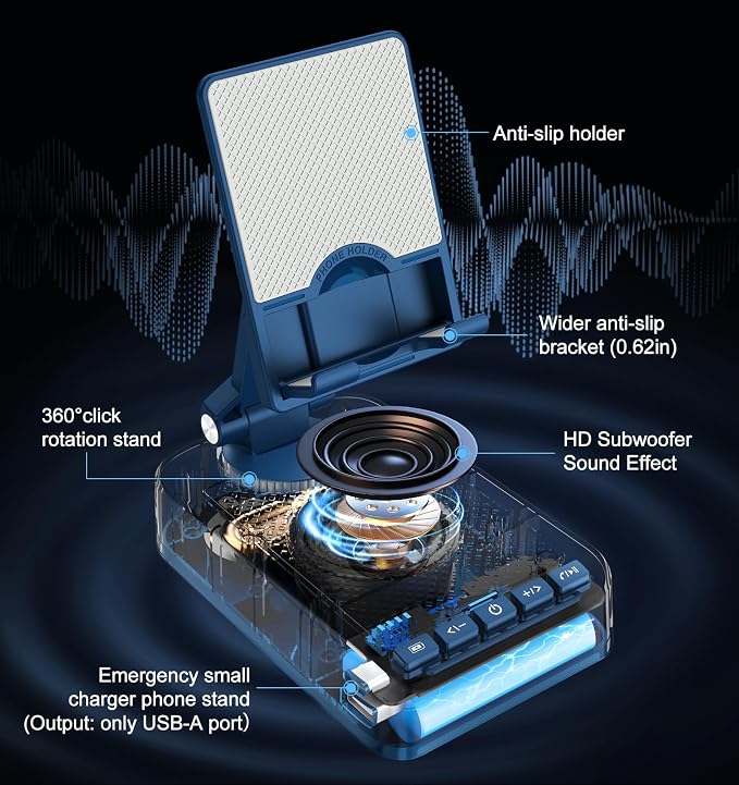 Gifts for Men Women, Bluetooth Speaker Phone Stand with Charging Function 360° Rotable Adjustable Cell Phone Holder HD Surround Sound for Desk Fits All Phones,Tablet (Blue) - Image 3