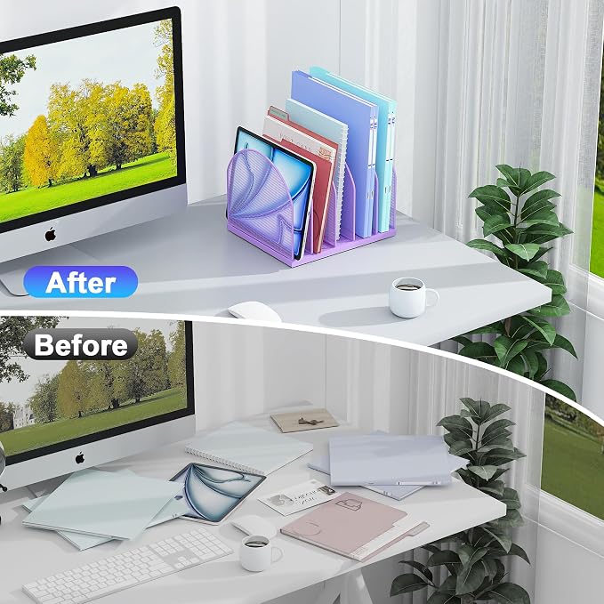 gianotter Desktop File Organizer with 5 Compartments | Desk Organizer Paper Organizer for Desk Workspace Organizers for Office Supplies (Purple, Upright Style) - Image 2