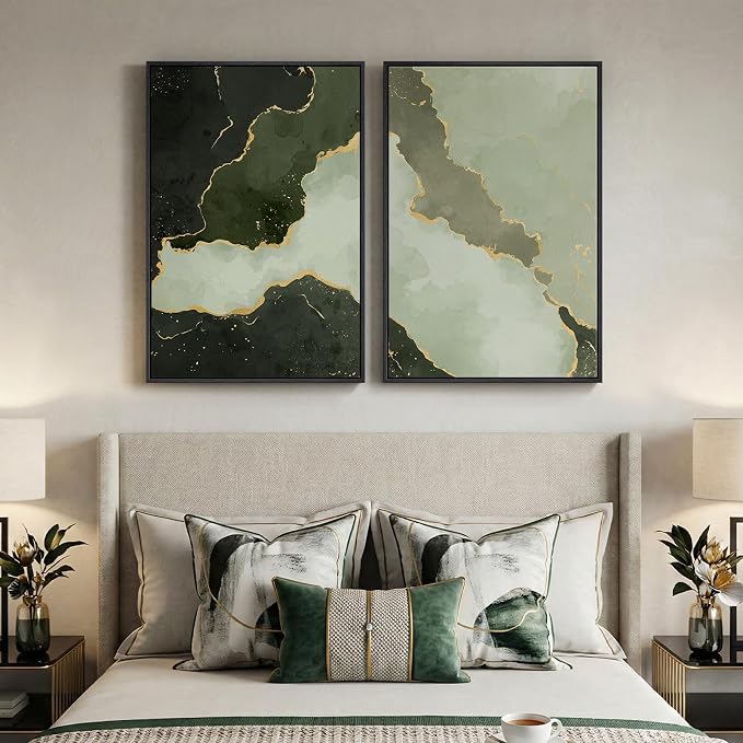 Large Framed Green Abstract Wall Art Set of 2, Modern Canvas Prints Paintings for Walls, Minimalist Sage Green and Gold Abstract Pictures for Living Room Dining Bedroom Hallway Wall Decor 24x36 In - Image 5