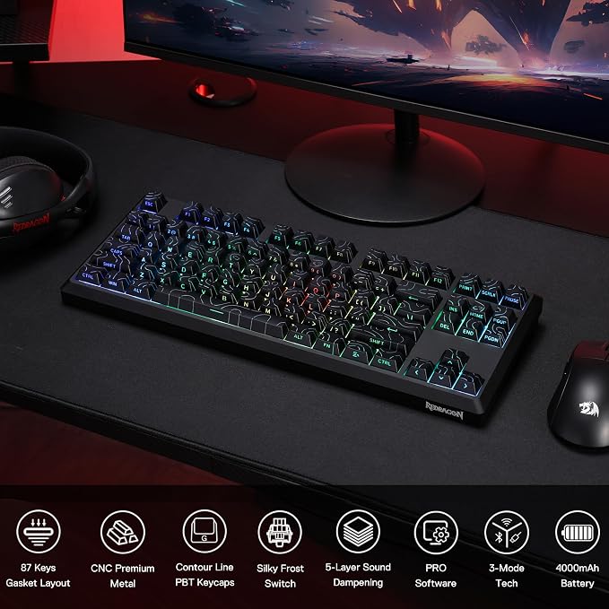Redragon K737 PRO Wireless 87 Keys Gasket Gaming Keyboard, 80% Premium CNC Aluminum Mechanical Keyboard, Hot-Swap South-Facing LED Socket, 5-Layer Noise Dampening, Side-Printed PBT Contour Line Keycap - Image 2
