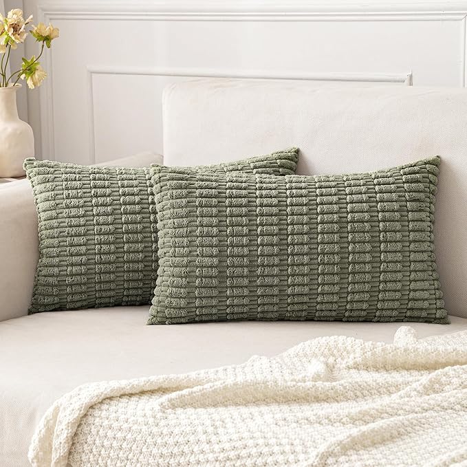 MIULEE Pack of 2 Corduroy Decorative Lumbar Throw Pillow Covers 20x12 Inch Soft Boho Striped Pillow Covers Modern Farmhouse Home Decor for Summer Sofa Living Room Couch Bed Light Olive Green by MIULEE