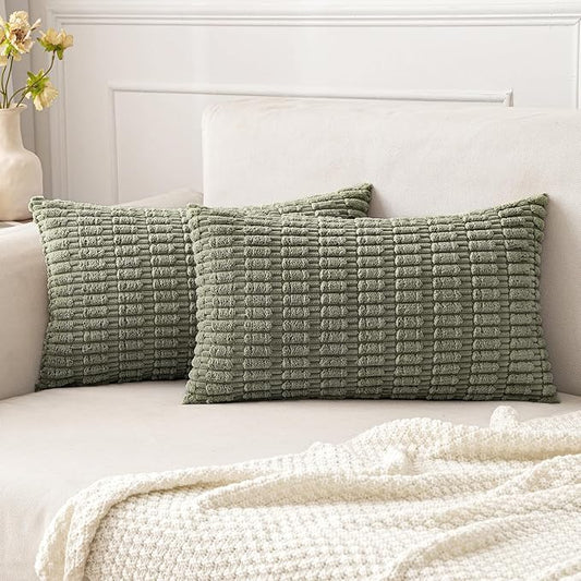 MIULEE Pack of 2 Corduroy Decorative Lumbar Throw Pillow Covers 20x12 Inch Soft Boho Striped Pillow Covers Modern Farmhouse Home Decor for Summer Sofa Living Room Couch Bed Light Olive Green by MIULEE