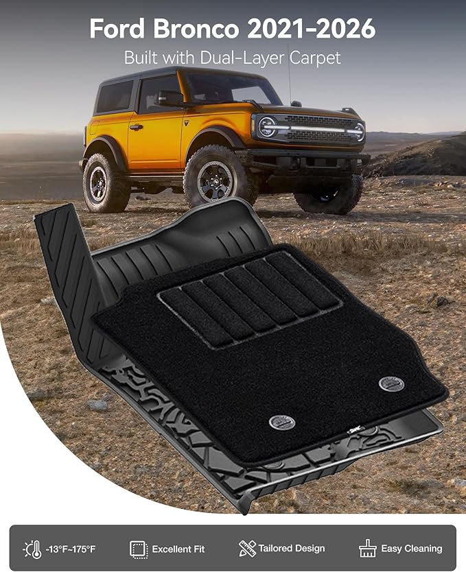 3W Floor Mats & Cargo Liner & Carpets Fit for 2021-2024 2025 Ford Bronco 4 Door, All Weather TPE Custom Fit Floor Liner and Trunk Mat Full Set Car Mats (Not for Bronco Sport & Rubberized Floor) - Image 2