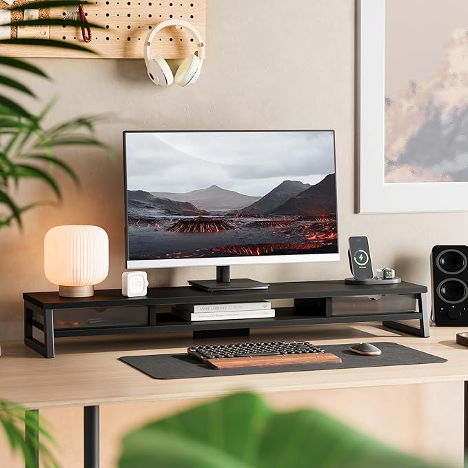 Fenge Dual Monitor Stand, Monitor Riser with Drawer, 42.5 Inch Large Computer Monitor Stand for 2 Monitors, 2 Tier Wooden Desk Shelf for Top of Desk - Image 2