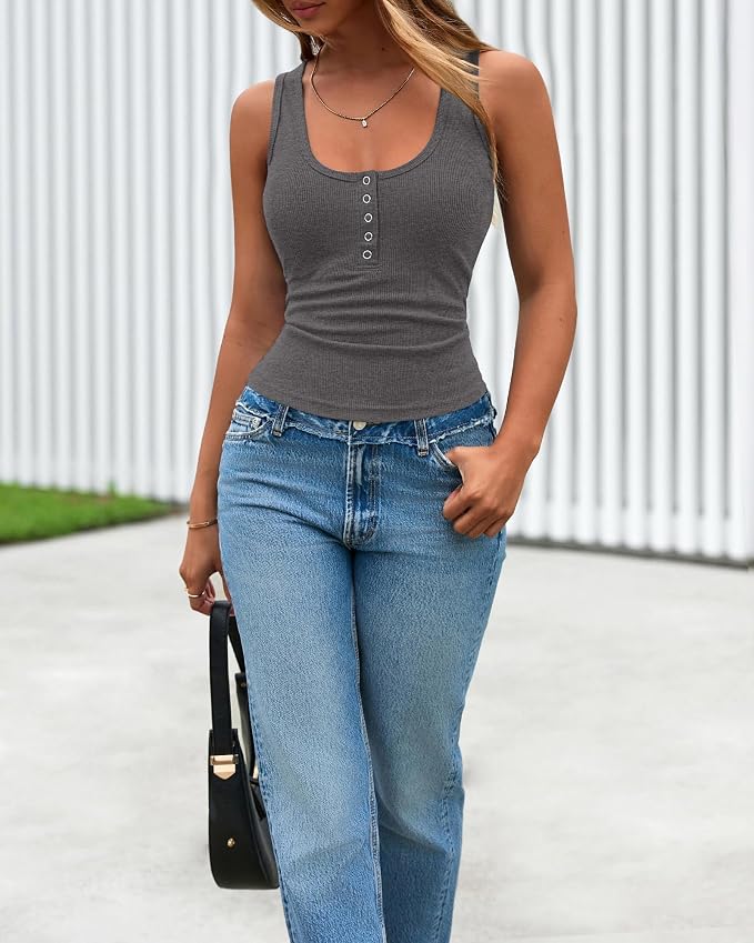 BTFBM Summer Tops for Women 2026 Scoop Neck Ribbed Henley Button Sleeveless Casual Spring Basic Tank Top Clothes Outfits - Image 6