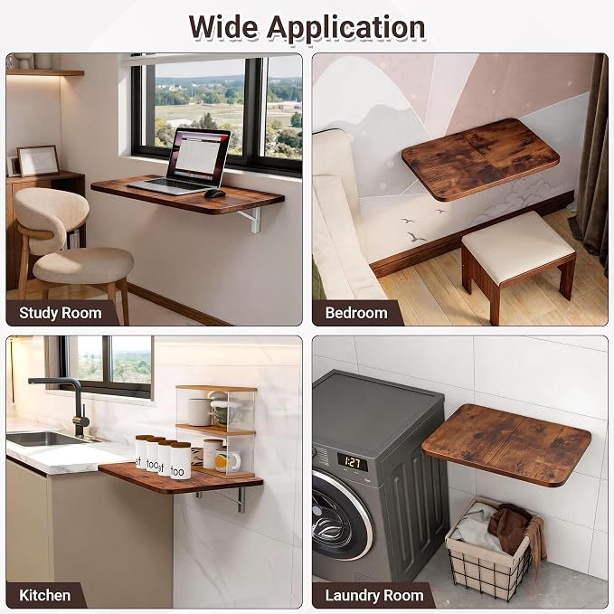 Neoaider Wall Mounted Folding Desk 23.6” x 15.7”, Brown | Drop Down Table with Metal Collapsible Brackets, Folding Wall Table for Small Spaces, Home, Office, Kitchen, Laundry Room - Image 8
