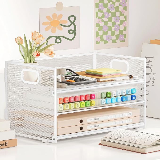 Subekyu 3 Tier Letter Tray Paper Organizer with Handle, 1 PC Sliding Tray, White Metal Mesh Desk File Folder Paper Sorter Organizer for Home Office School Desk Supplies Organization Storage - Image 5