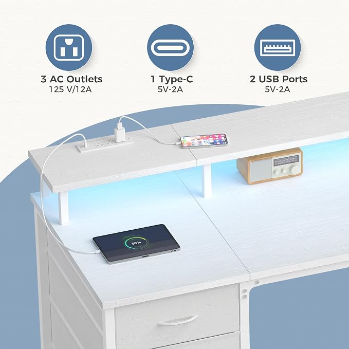 DUMOS 40-Inch Gaming Desk with Power Outlets and LED Lights, White | Computer Desk with 4 Storage Drawers, Home Office Desk with Monitor Stand, Small Desk for Bedroom Study - Image 4