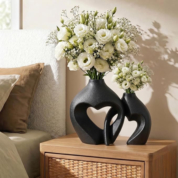 Black Ceramic Flower Vases Home Decor Heart Shaped Vase Set of 2 | Nordic Heart Shaped Vases Minimalist Decorative Vase for Table Centerpiece Wedding Dining Living Room Office House Decoration - Image 6