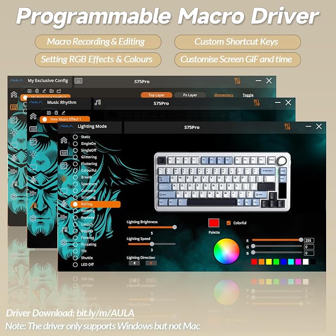 AULA S75 PRO Wireless Mechanical Keyboard with Screen&Knob, 75% Hot Swappable Gaming Keyboard with Pre-lubed Switches, RGB Backlit, PBT Keycaps, Creamy Sounding Computer Keyboards - Image 8