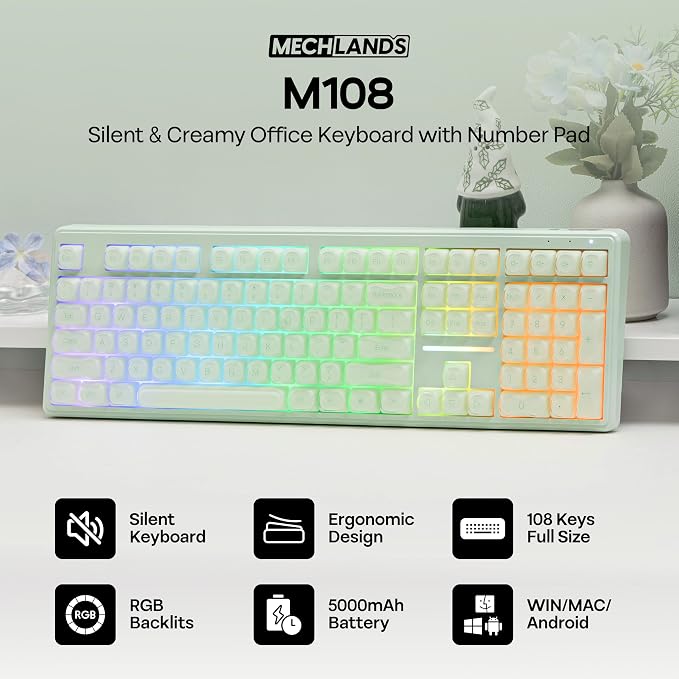 MechLands M108 100% Full Size Silent Office Keyboard with Number Pad | Wireless Creamy Membrane Keyboard with 5000mAh Battery for Office/Home/PC Game, RGB Backlight, 26-Key Rollover (Green) - Image 2