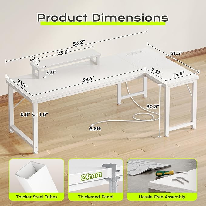 PRAISUN 53" L Shaped Computer Desk, Power Outlets, Monitor Stand, White | USB-C Ports, Reversible Charging Station, Spacious Desktop & Legroom, 0.94 Inch Thick Desktop, for Gaming, Study & Work - Image 3