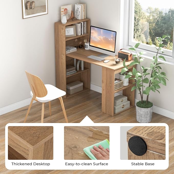Giantex 48 Inch Computer Desk with Bookshelf, 3-in-1 Home Office Desk with 4-Tier Bookcase & CPU Stand, Space-Saving Reversible Writing Desk Work Table for Bedroom, Study Room, Office (Natural) - Image 7