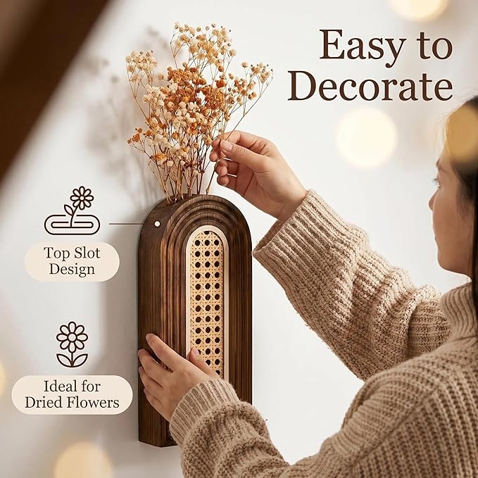 Dnnnii 2 Pack Wooden Wall Vase Set - Dark Brown Finish Hollow Rattan Modern Farmhouse & Boho Wall Decor for Entryway, Hallway, Bathroom, Living Room, Dining Room, Narrow Spaces - Image 3