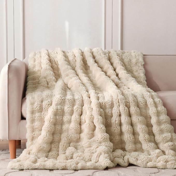 COOVA Faux Fur Throw Blanket for Couch, Cozy Soft and Fuzzy Plush Rabbit Fur Bubble Blanket for Sofa Bedroom Living Room, 60x80 Inches Light Taupe - Image 2
