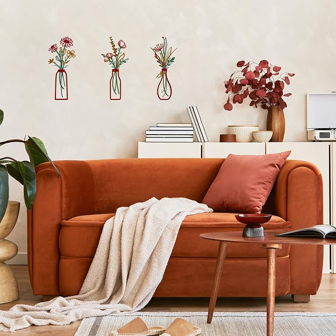 Pigort 3 Pieces Metal Vase Flowers Wall Arts - Rustic Farmhouse Style Décor Metal Wall Art Black Minimalist Flower Natural Themed Wall Decors for Home Bedroom Dining Room Housewarming (Red, Vase-C) - Image 3