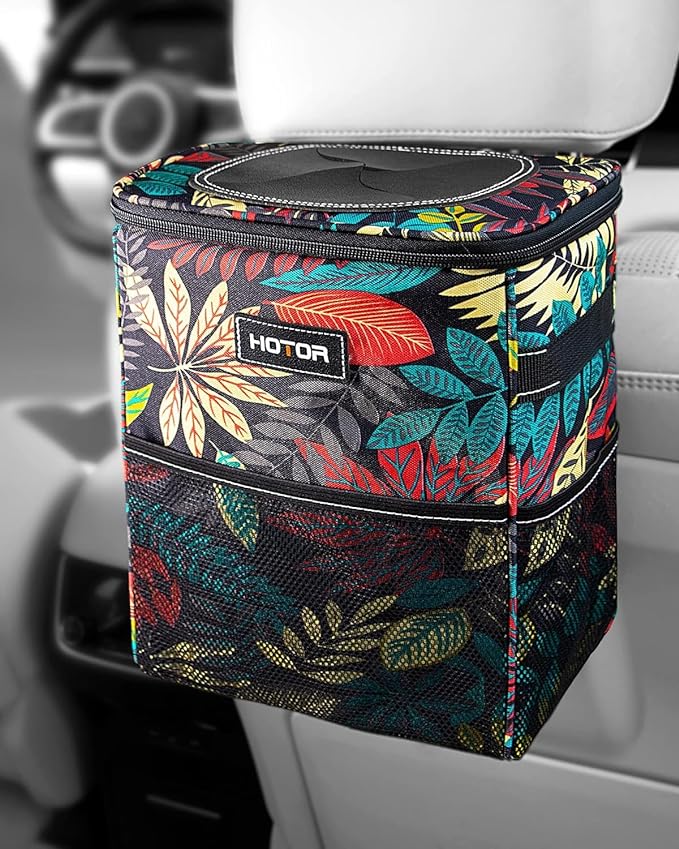 HOTOR Car Trash Can with Lid and Storage Pockets - 100% Leak-Proof Organizer, Waterproof Garbage Can, Multipurpose Trash Bin for Car, 2 Gallons, Autumn Leaves by HOTOR