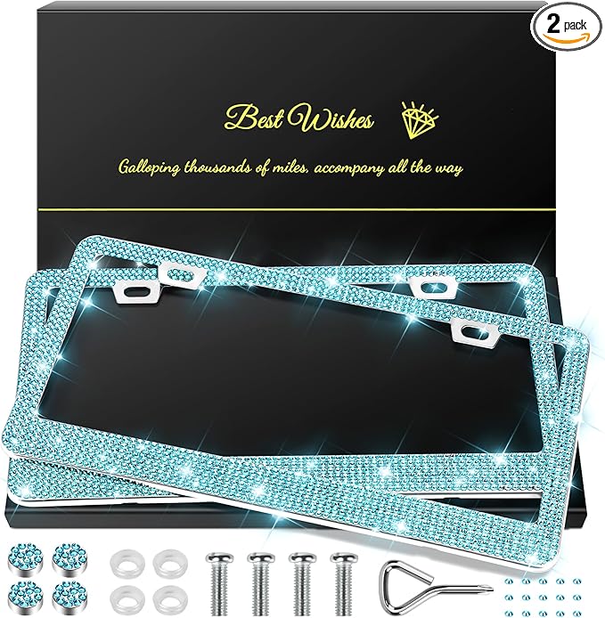QUANQIUFEI 2 Pack Bling License Plate Frames for Women, Sparkly Rhinestone Diamond Car Accessories with Glitter Crystal Caps (Lake Blue) by QUANQIUFEI