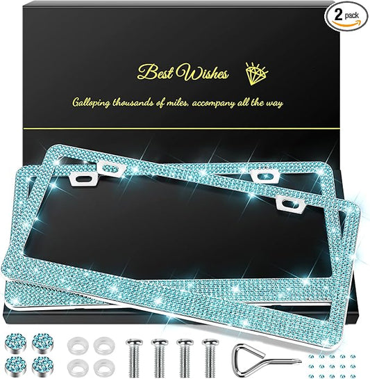 QUANQIUFEI 2 Pack Bling License Plate Frames for Women, Sparkly Rhinestone Diamond Car Accessories with Glitter Crystal Caps (Lake Blue) by QUANQIUFEI