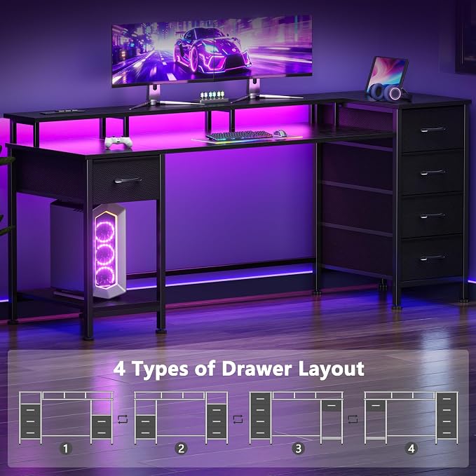 Korfile 61 Inch Gaming Computer Desk with Power Outlets,LED,5 Drawers,Black | For gaming and working,built-in power outlets and LED lights,5 fabric storage drawers, ffits 61-inch, monitor stand,black - Image 9