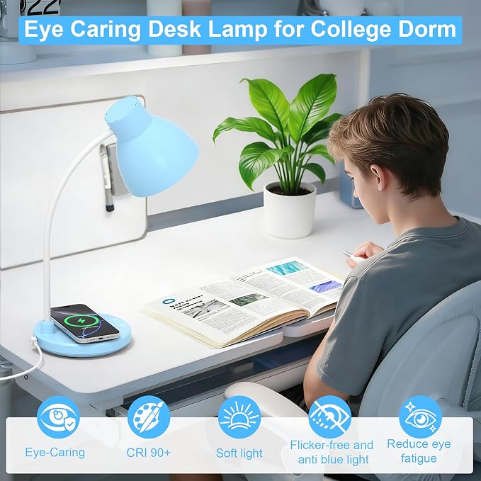 LED Desk Lamp for Home Office with Wireless Charger, Blue | 3 Color Modes Dimmable Eye-Caring Study Reading Dorm Desk Lamp, 360° Flexible Arm Table Lamp for College Dorm Room, 800 Lumen - Image 5