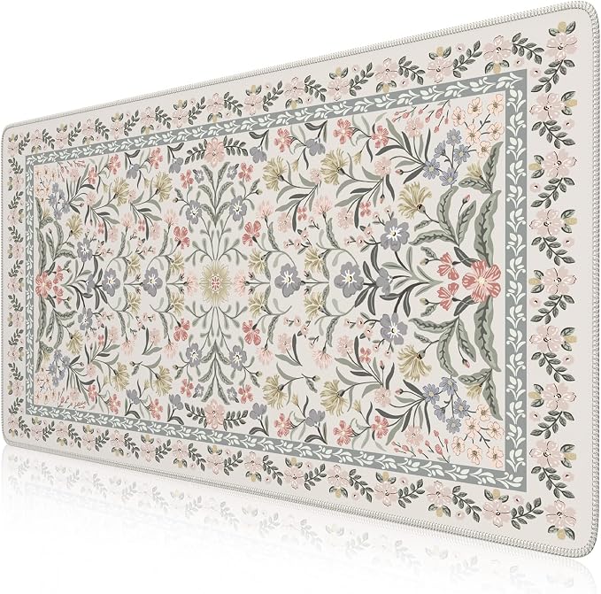 iCasso Desk Mat for Women Desk Accessories, 35.4x15.7in,Cozy Gray Floral | Back to School XXL Large Mouse Pad, Anti-Slip Big Mousepad with Stitched Edges,Smooth Water-Resistant by iCasso