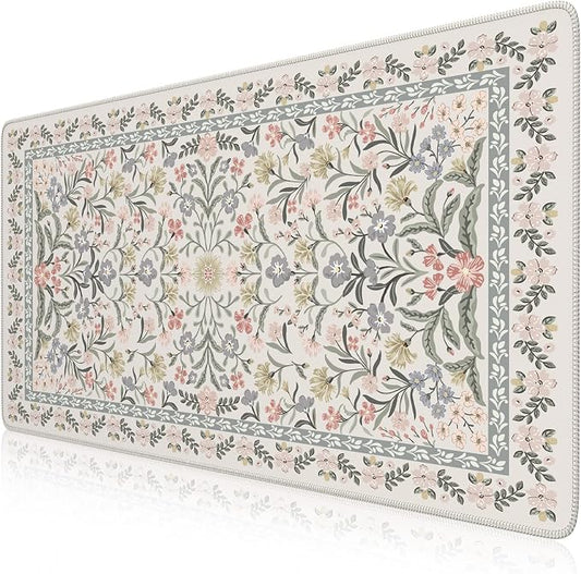 iCasso Desk Mat for Women Desk Accessories, 35.4x15.7in,Cozy Gray Floral | Back to School XXL Large Mouse Pad, Anti-Slip Big Mousepad with Stitched Edges,Smooth Water-Resistant by iCasso