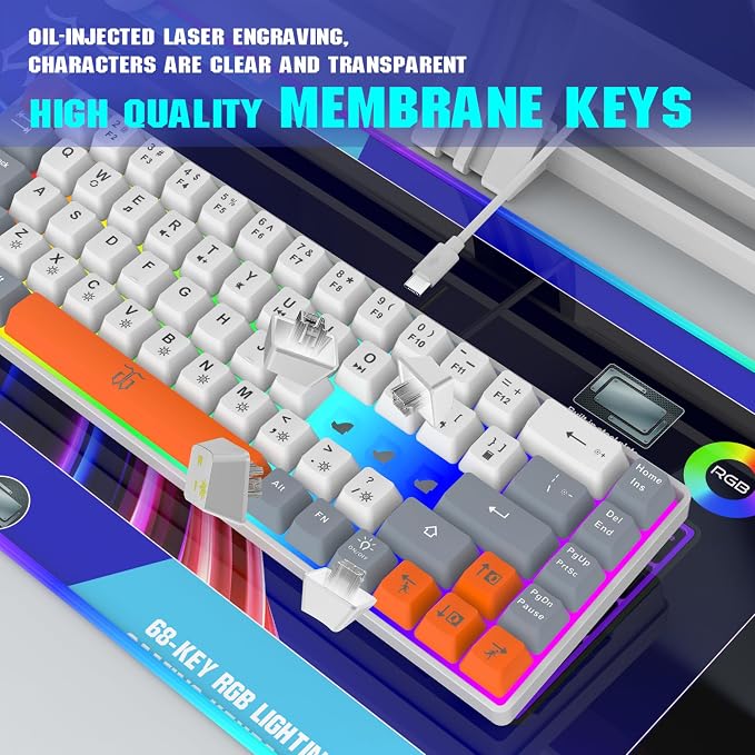 Snpurdiri 60% Percent Gaming Keyboard (68 Keys, White-Grey-Orange) | Ergonomic Compact RGB Backlit Small Gaming Keyboard for Windows, PC, Laptop - Image 4