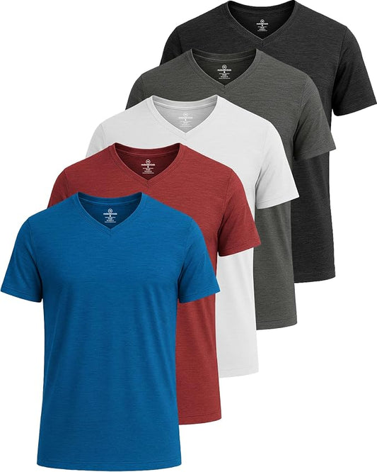 5 Pack Men's Dry Fit V Neck Gym Workout T Shirts Athletic Moisture Wicking | Cooling, Quick Dry, Breathable, Short Sleeve, Exercise, Cycling, Sports, Outdoor, Fitness, Golf, Crossfit, Hiking, Tennis by RealEssentials