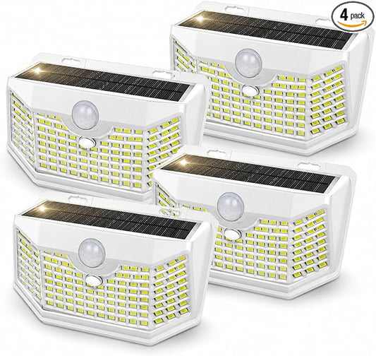 HMCITY 120 LED Outdoor Solar Lights with Motion Sensor and 3 Lighting Modes, IP65 Waterproof Wide Solar Wall Lights Ideal for Garden Patio Yard (Front Button 4Packs, White Shell-Daylight White) by LightingUpYourLife